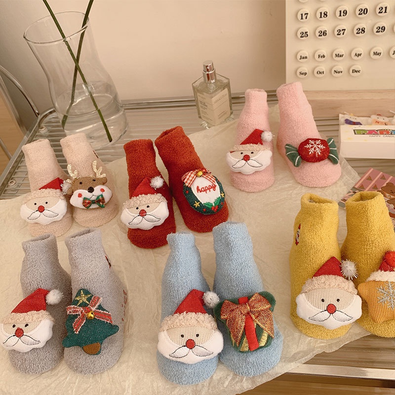 新年聖誕男嬰女童襪子冬季保暖幼兒防滑襪卡通聖誕老人 0-2 歲嬰兒襪子