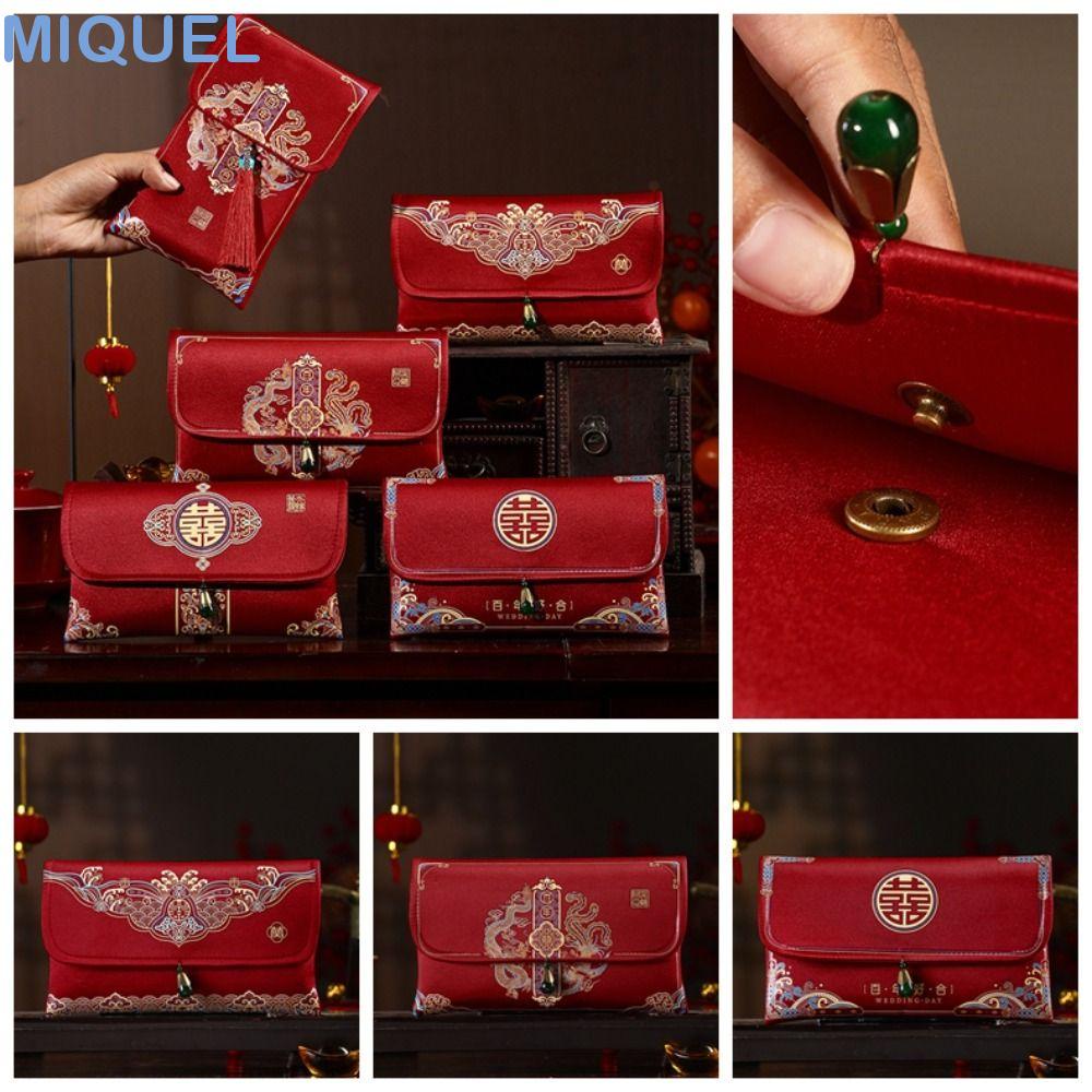 MIQUEL2024錢袋,多種模式流蘇設計新年祝福包,新潮刺繡最美好的祝願錦緞紅包春節