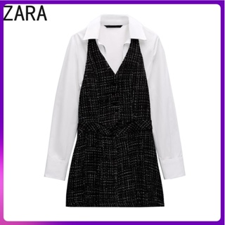 ZARA 新款翻領長袖紋理府綢拼接洋裝 9144081