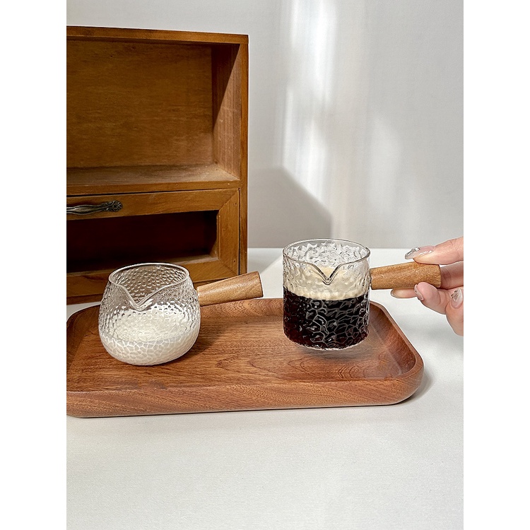 ins日式條紋盅 玻璃木柄小奶盅 濃縮拿鐵杯 意式咖啡量杯 小奶壺 奶罐汁鬥