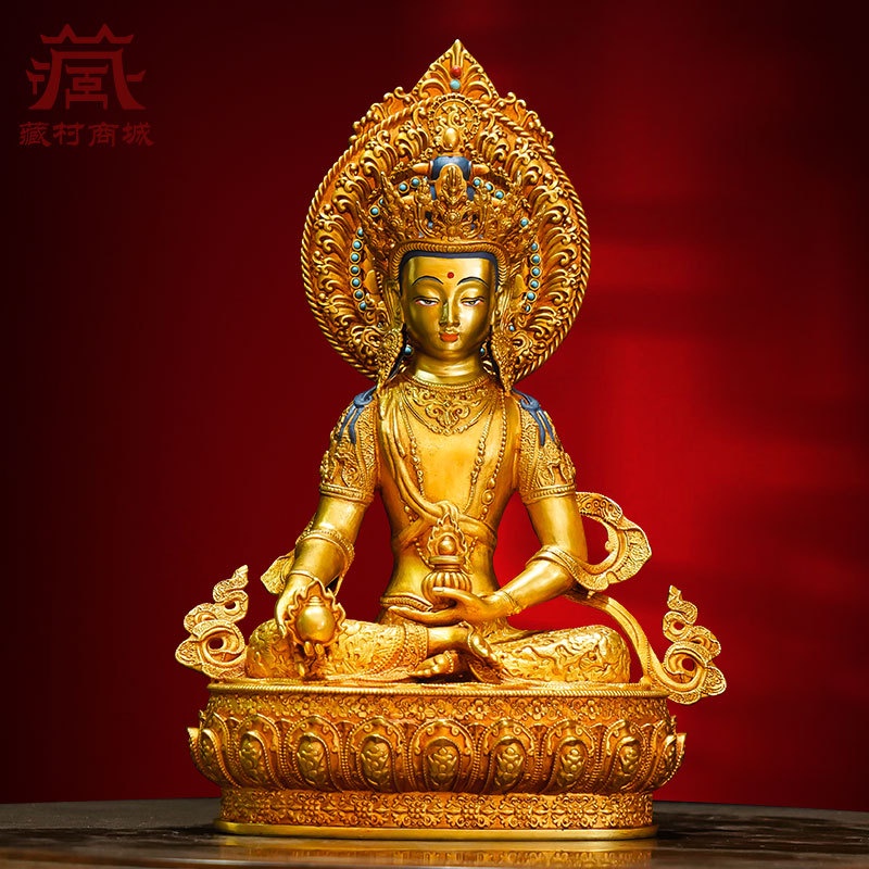 7寸鎏金《地藏王菩薩》銅像帶背光室內家用仿尼泊爾桌面雕花擺件