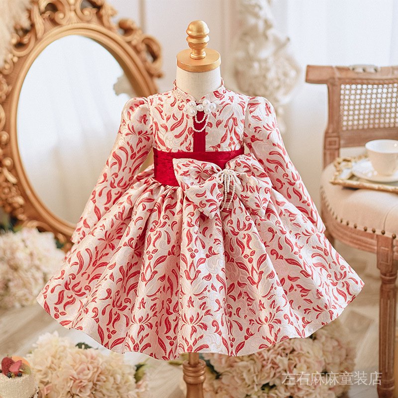 洋氣兒童小禮服 新中式週歲女寶寶生日公主裙 小女孩加厚長袖裙 洋裝 表演服