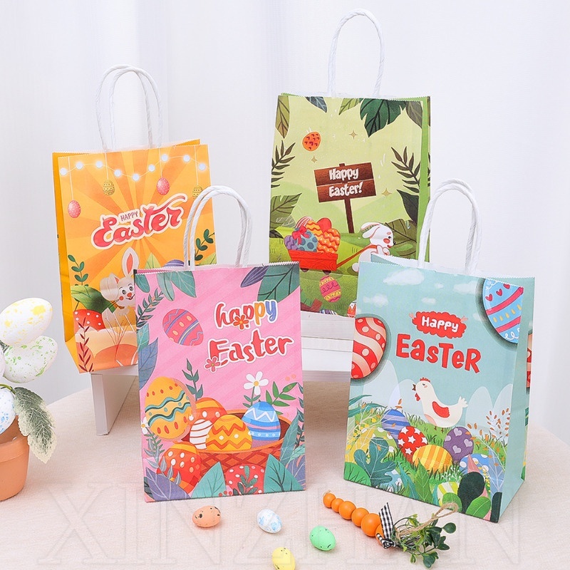 復活節牛皮紙袋帶手柄 - 可愛的兔子胡蘿蔔糖果零食包裝袋 - 卡通雞蛋彩色禮物袋 - 兒童復活節派對禮物裝飾用品