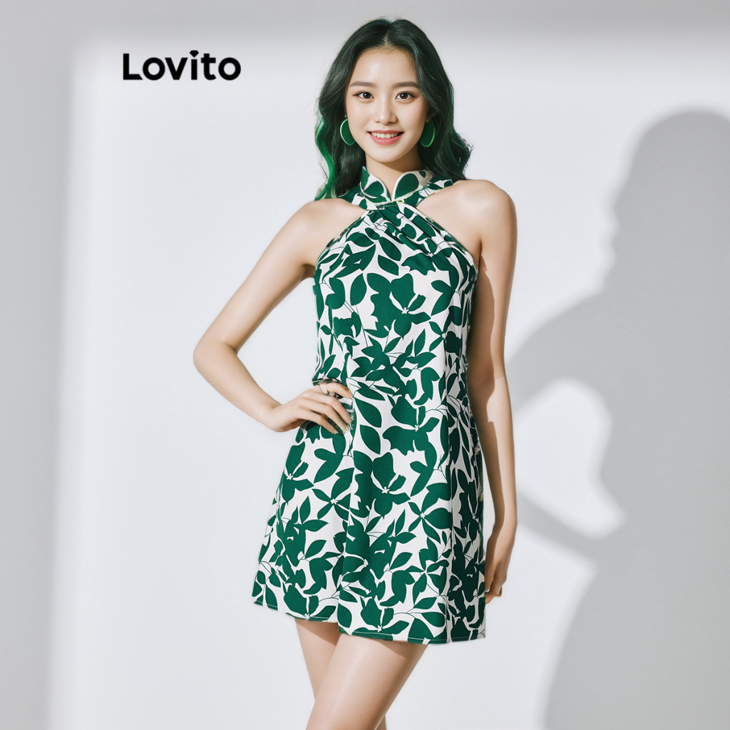 Lovito 波西米亞植物基本女款洋裝 LBL07188
