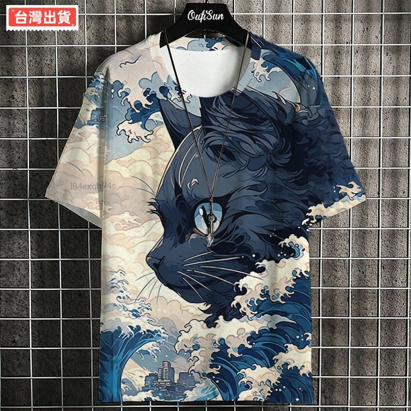 熱銷 2024武士貓 T恤男士夏季時尚日式短袖街頭休閒運動衫男士服裝上衣TT 