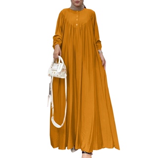 Hijabista 女式長袖圓領純色彈性袖口連衣裙