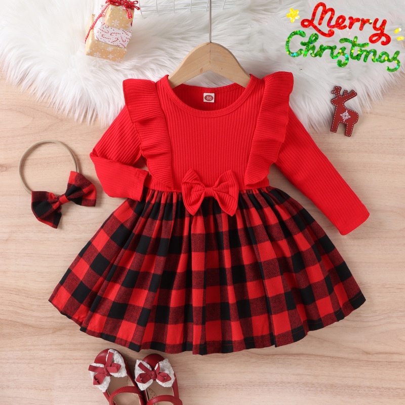 女童聖誕洋裝 送髮帶 秋冬款 坑條棉 紅色格子 兒童長袖洋裝 嬰兒過年衣服 聖誕節服裝 #462