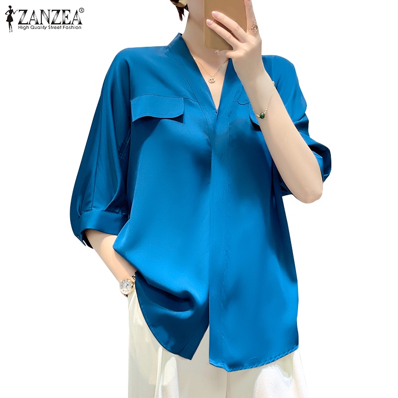 Zanzea 女式韓版時尚半袖 V 領純色寬鬆上衣