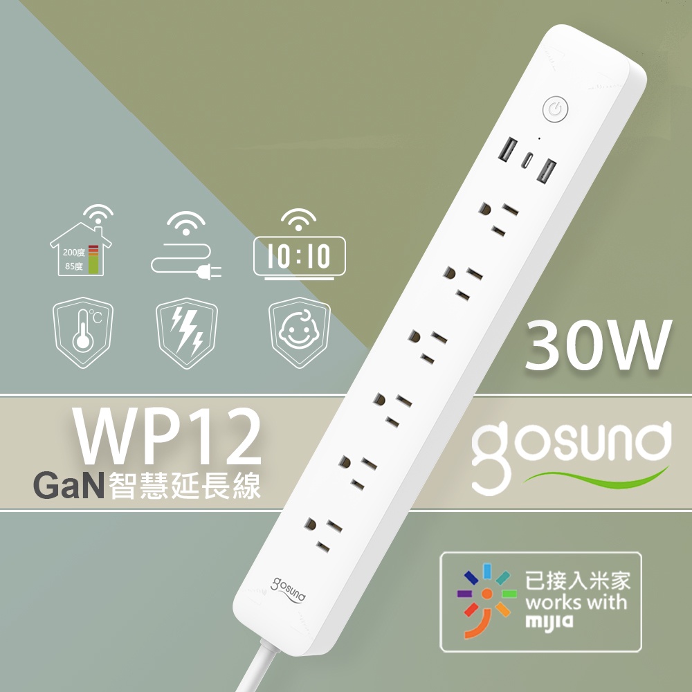 Gosund 酷客 30W Gan 智慧延長線 智能延長線 WP12 6孔分控 3埠USB 能源監控 米家APP ♾