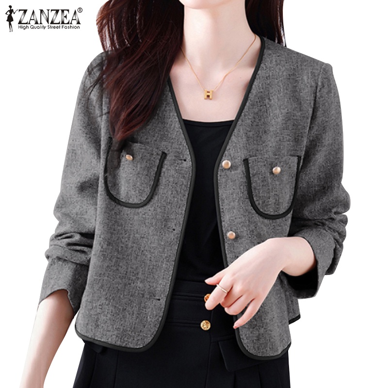 Zanzea 女式韓版 V 領口袋拼色長袖西裝外套