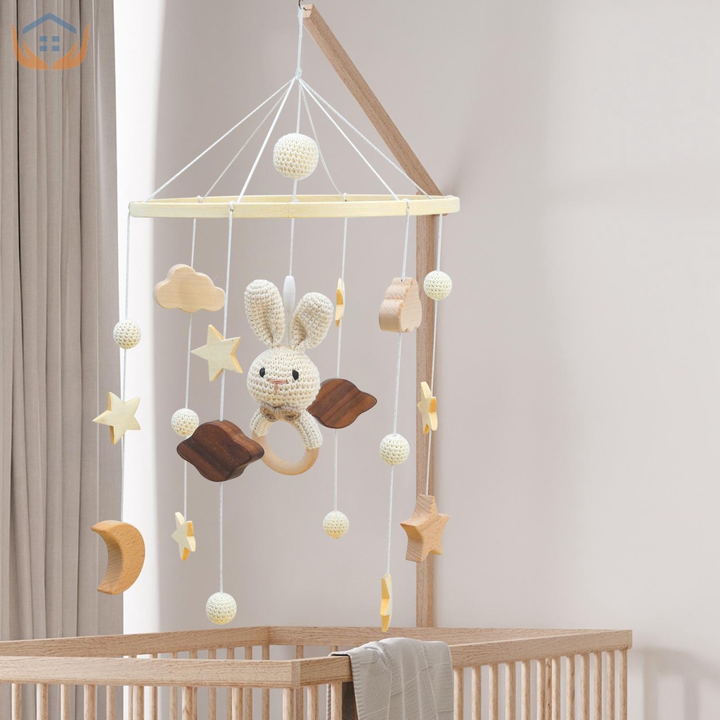 嬰兒床移動木製懸掛嬰兒床鈴可愛兔子動物木製鉤編移動新生兒玩具嬰兒男孩女孩 SHOPTKC2114