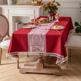 現貨 紅色桌布 防滑桌巾 免洗耐髒 流蘇桌墊布 高級氛圍感餐桌布 長方形餐廳布藝 茶几檯布