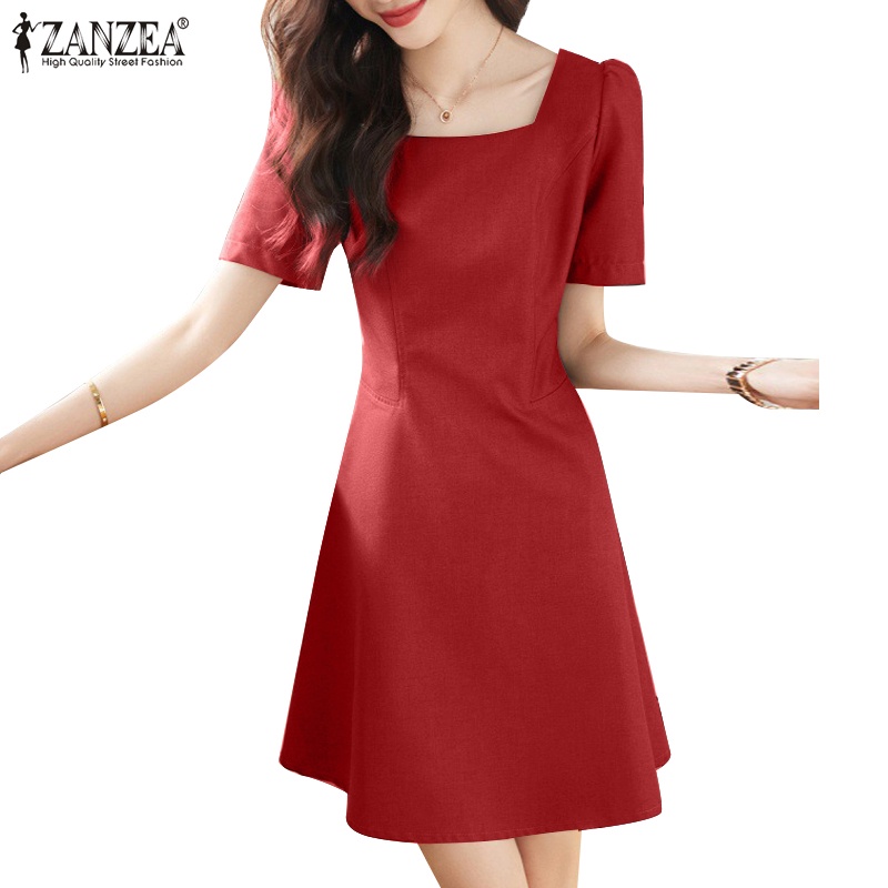Zanzea 女式韓版方領短袖拉鍊純色連衣裙