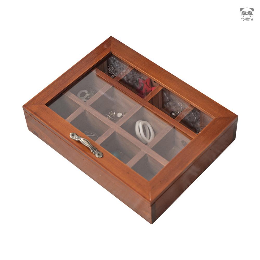 12格復古實木首飾盒木質飾品收納盒文玩展示格子收納盒格帶透明蓋子 12格（透明亞克力)