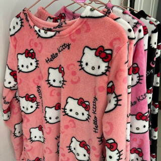 2025新款卡通貓印花長袖睡衣厚女士珊瑚絨 Hello Kitty圖案秋冬居家休閒法蘭絨上衣外穿