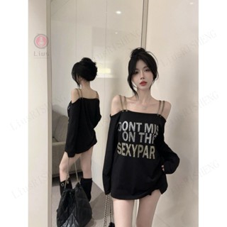 🎇新款特賣🎇大碼複古印花露肩長袖T恤女秋季2024新款寬鬆顯瘦時尚外穿上衣女