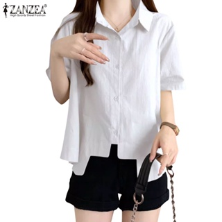Zanzea 女式韓版不規則下擺短袖翻領襯衫