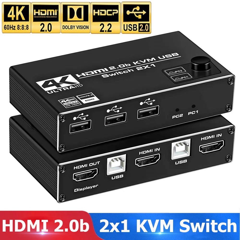 Hdmi 2.0 KVM 切換器 4K 60Hz 2X1 USB KVM 切換器盒 HDCP 2.2 雙端口進 1 出用