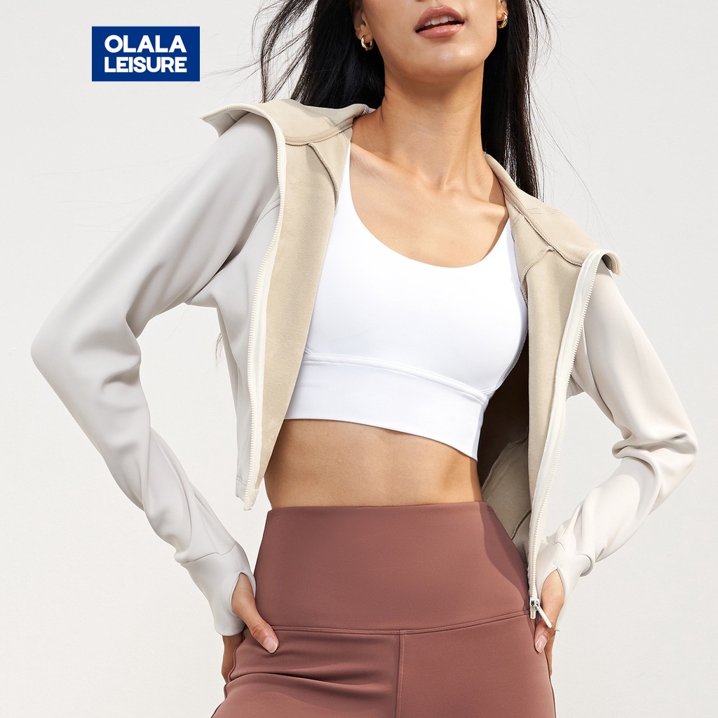 OLALA  新款連帽刷毛加厚健身上衣短版保暖運動外套瑜伽長袖女秋冬