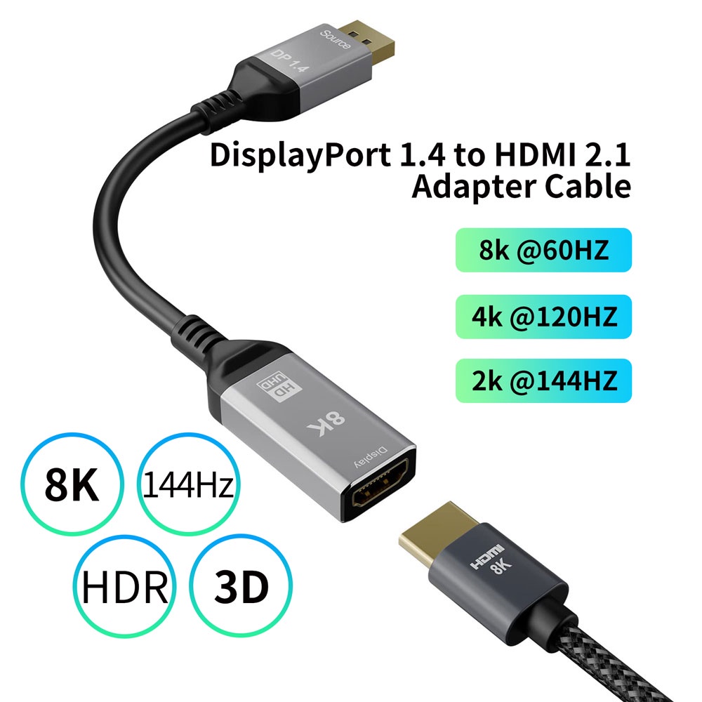 Displayport 1.4 至 HDMI 兼容 2.1 電纜適配器 8K 4K DP 至 HDMI 公對母轉換器,適