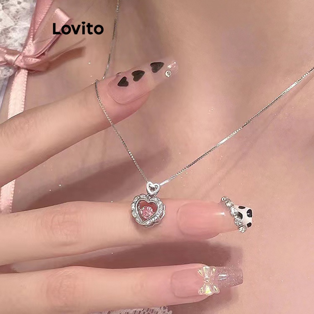 Lovito 女士休閒心形水鑽項鍊 LFA05109 (銀色)