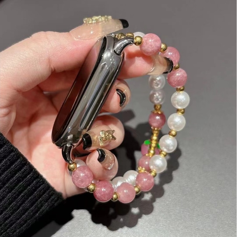 輕奢 天然粉水晶 桃花運 珍珠金屬錶帶 適用於 小米手環 8 7 6 5 4 錶帶 小米錶帶 小米手環8 女士 替換腕帶