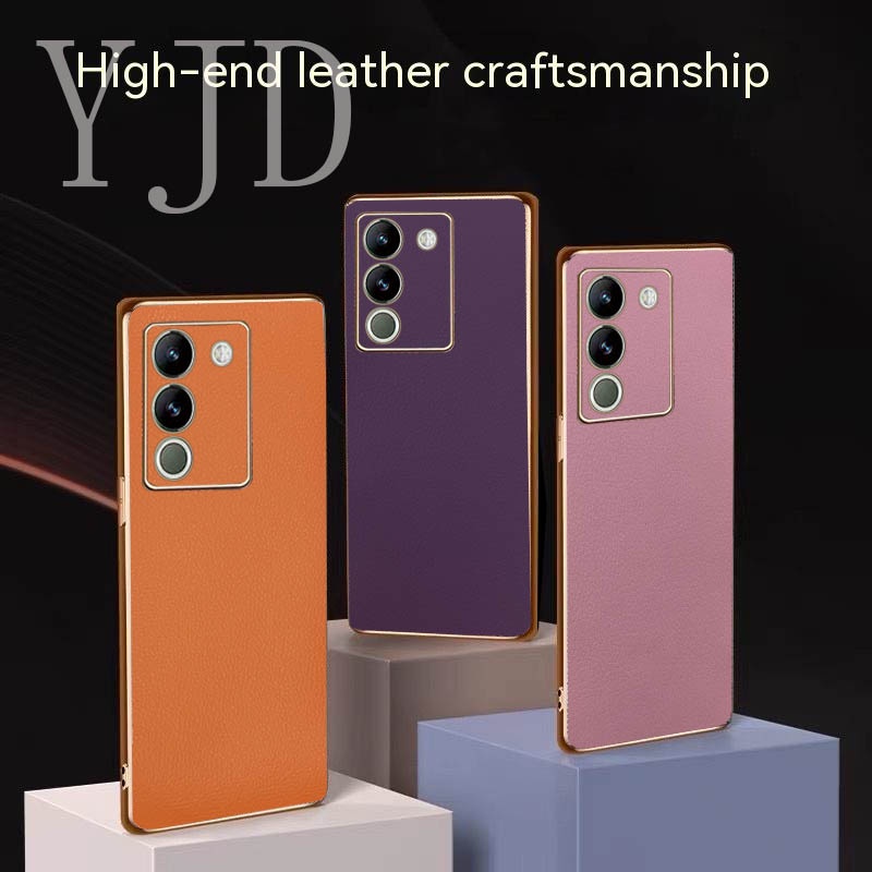 Yjd Vivo V29e 手機殼優雅純色皮革超薄電鍍邊防震手機殼