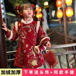 女童拜年服 女童秋冬漢服 寶寶新年唐裝 女童紅色連身裙 女童夾棉保暖洋裝 女童加厚連身裙