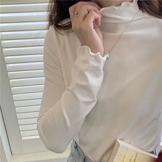 L-4XL 大尺碼 長袖t恤 內搭衫 木耳邊上衣 大碼胖mm秋冬加絨內搭上衣女木耳邊打底衫半高領顯瘦長袖T恤