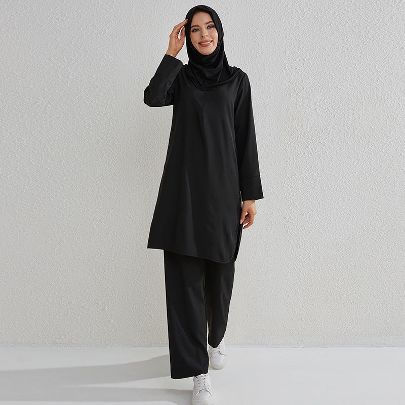 女士套裝時尚穆斯林套裝兩件套伊斯蘭服裝長襯衫套頭衫和直筒褲寬鬆長褲
