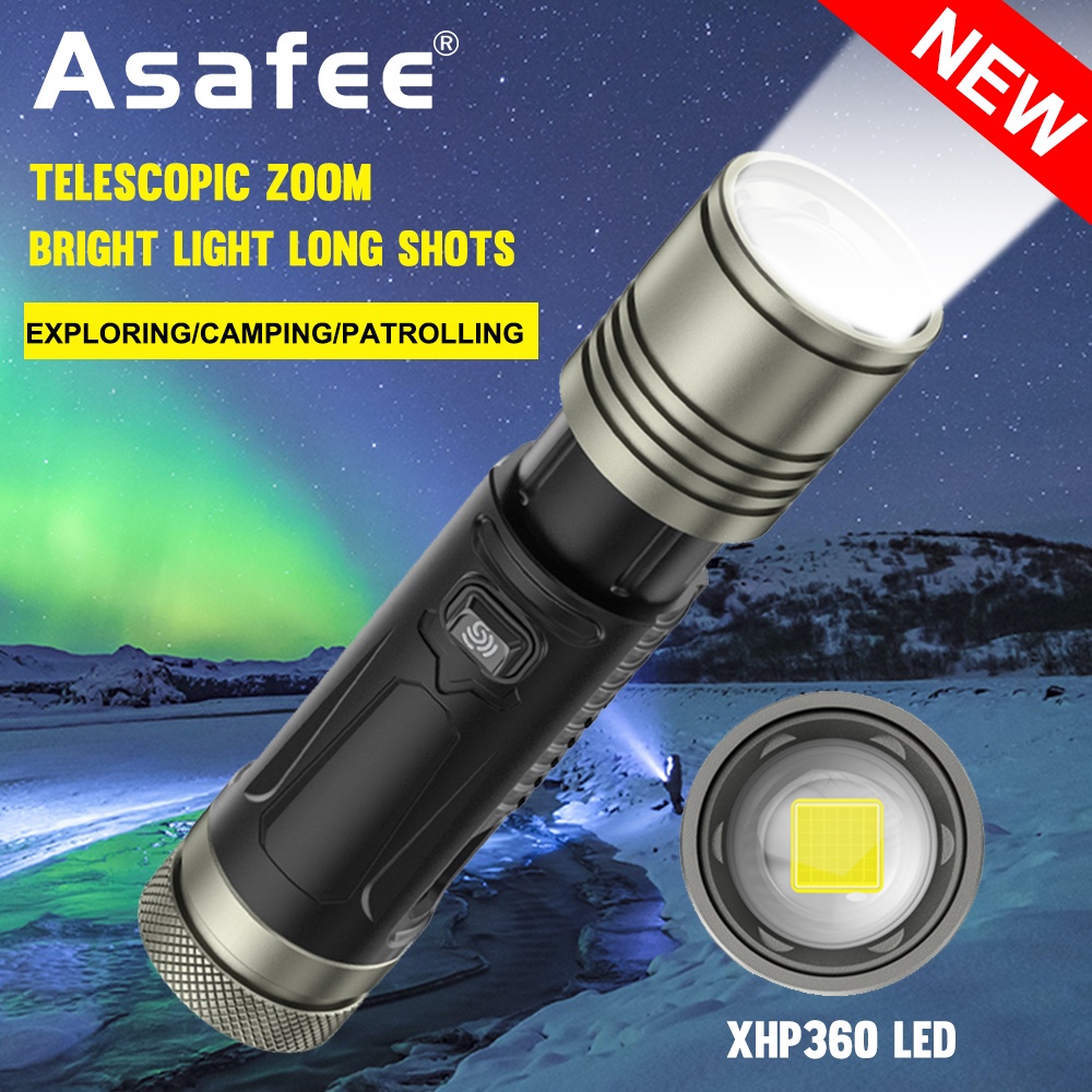 〈曉芳推薦〉Asafee 2500LM W760A XHP360 LED超亮戶外手電筒使用26650電池3檔伸縮變焦按壓
