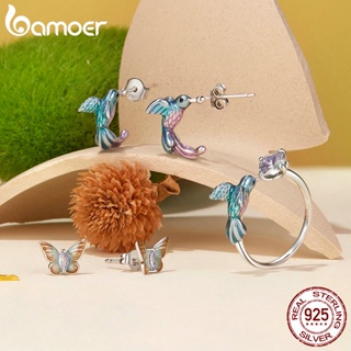 Bamoer 925 純銀耳釘春季浪漫櫻桃翠鳥設計森林風格珠寶禮物女士