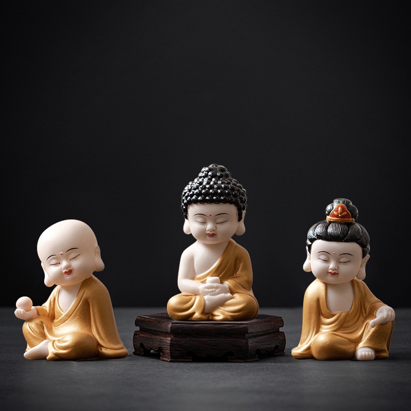 中式陶瓷娑婆三聖佛像擺件創意家居客廳小火彩如來車用工藝品