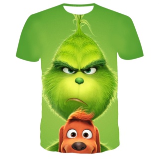 休閒寬鬆夏季男士綠色 Grinch 3D 短袖綠色男士 T 恤舒適透氣 2023
