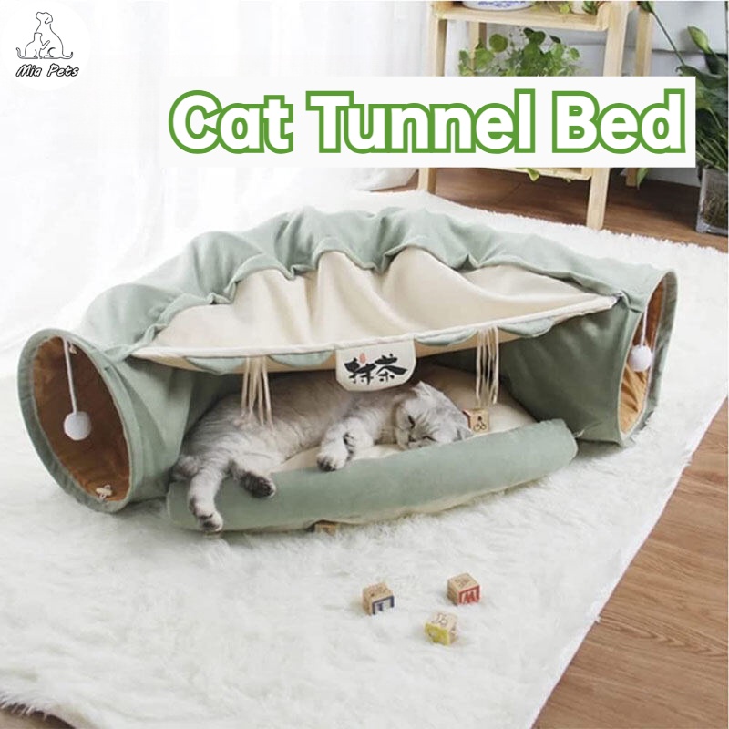 貓隧道床、2 合 1 貓遊戲隧道和寵物貓狗墊可折疊軟貓隧道管玩具寵物遊戲床室內貓隧道床貓隧道床可折疊貓窩