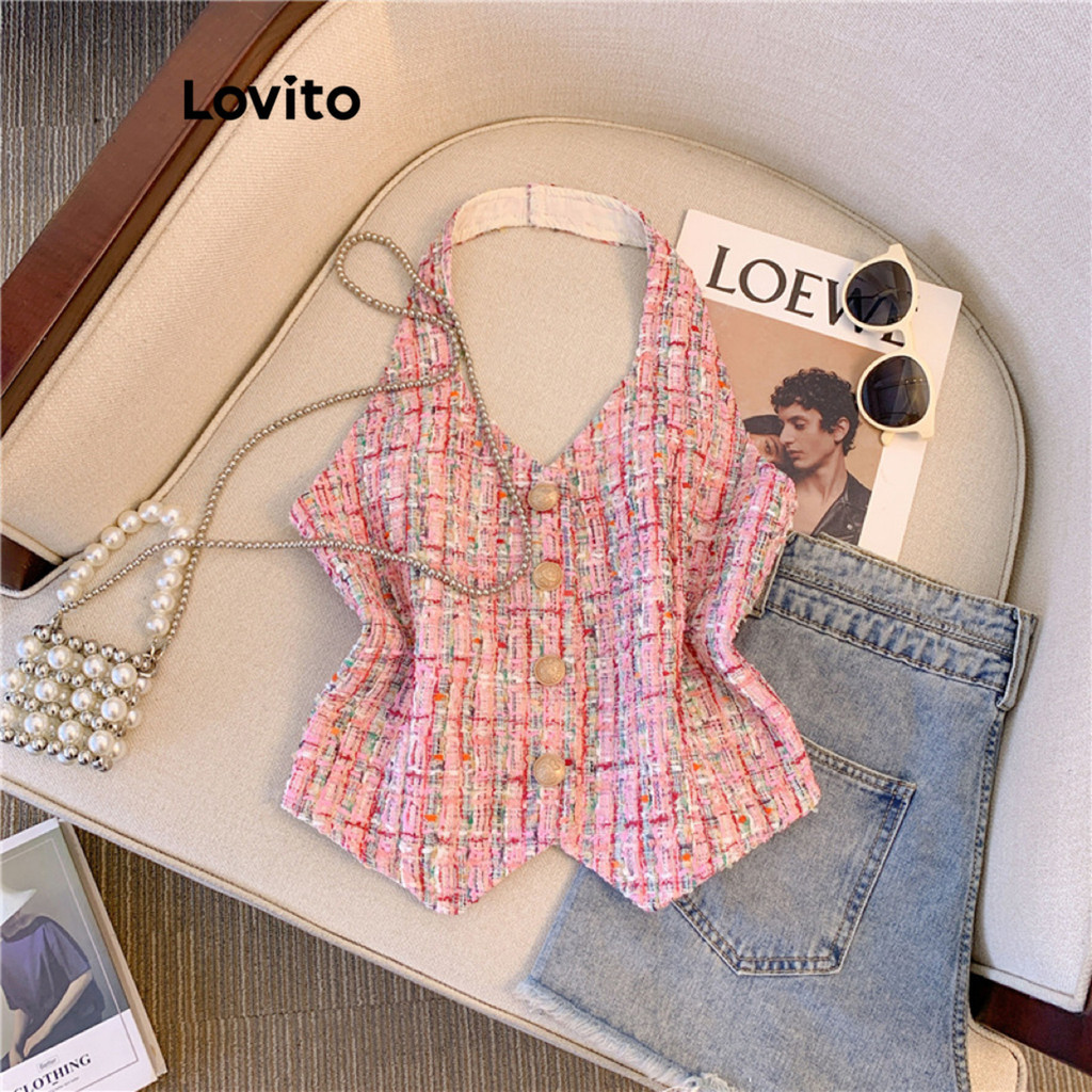 Lovito 女款休閒素色前紐帶背心 LNE38226 (粉紅色)