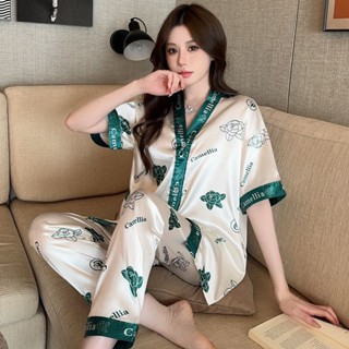ParrotFashion 字母輕奢感冰絲睡衣女 2025夏季短袖長褲套裝 寬鬆模擬絲家居服
