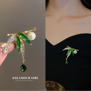 新款珍珠竹子胸針女復古風竹葉小清新胸花小眾設計感西裝大衣配飾