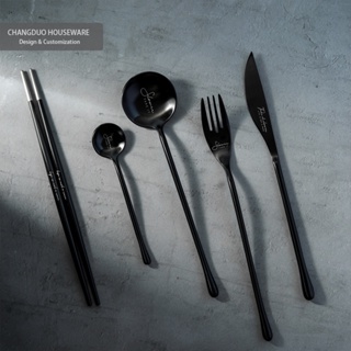 工業風純黑304不鏽鋼餐具極簡黑色餐具北歐風格黑色餐具