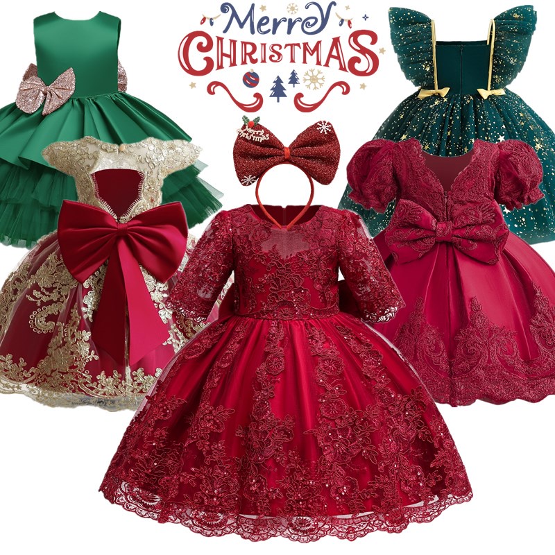 NNJXD 1-5歲女嬰耶誕派對服裝送髮箍幼童紅色新年衣服女寶寶蓬蓬洋裝女童公主裙正式派對禮服