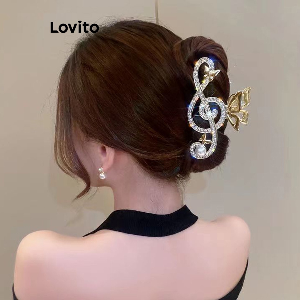 Lovito 女士休閒純水鑽珍珠蝴蝶髮夾 LFA04142 (金色)