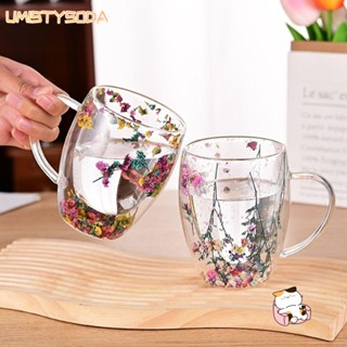 UMISTYSODA雙層玻璃杯,高硼矽玻璃耐熱乾花杯,花卉INS趨勢簡單濃縮咖啡牛奶杯創意禮品