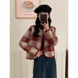 紅色格子小香風毛呢外套女春秋裝新款法式名媛氣質小個子短版上衣NHYPp