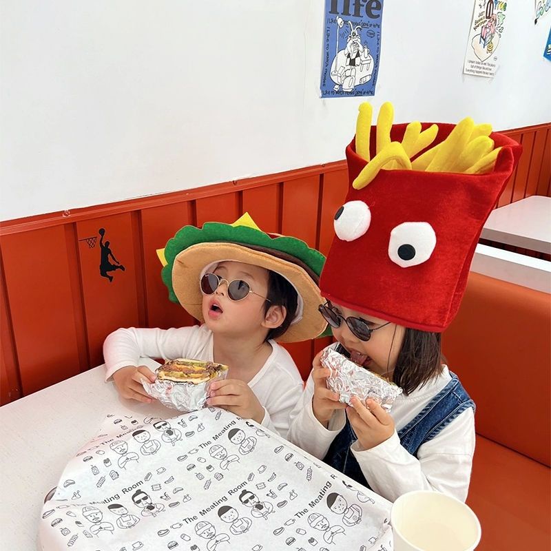 萬聖節兒童節表演派對帽子 漢堡帽子 薯條帽子 學校活動兒童cosplay帽子 食物成人兒童薯條漢堡帽子頭套