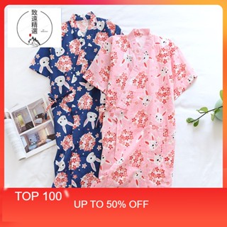 臺灣出貨免運 夏季日式100%純棉浴衣薄款浴袍睡裙女短袖和服睡袍紗布棉櫻花兔可愛棉質汗蒸睡衣桑拿衣甚平病人服