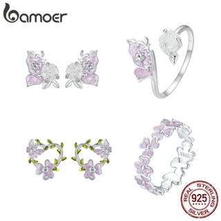 Bamoer 925 純銀戒指紫色洋紅色蝴蝶花朵設計時尚首飾禮物女士