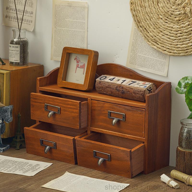 zakka日系木製收納盒桌面復古風雜物整理盒抽屜式化妝品收納櫃
