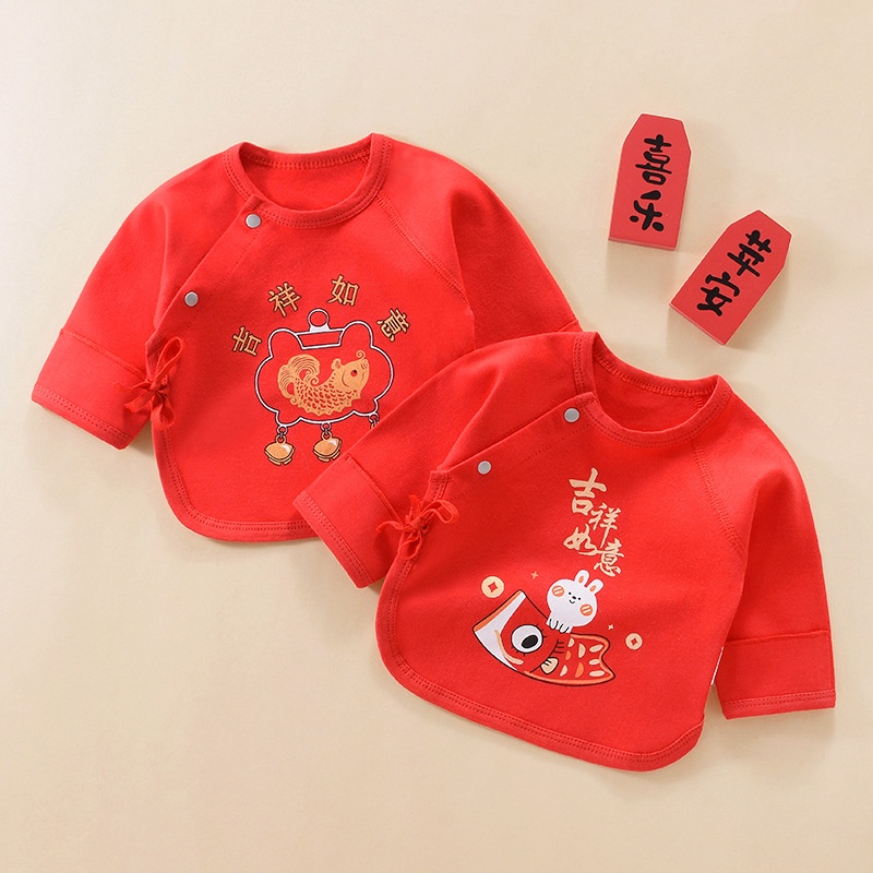 Cny新生兒半背衣嬰兒純棉無骨薄款上衣嬰兒中國新年紅襯衫