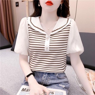 法式條紋短袖T恤女 |時尚泡泡袖|娃娃領短袖衫|夏季新款|優雅別致短袖衫|小眾設計感|甜美減齡上衣|小香風|上衣潮