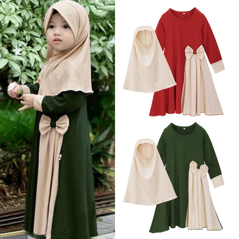 女童裝洋裝禮服蝴蝶結洋裝+頭巾兩件套童穆斯林服裝hijab